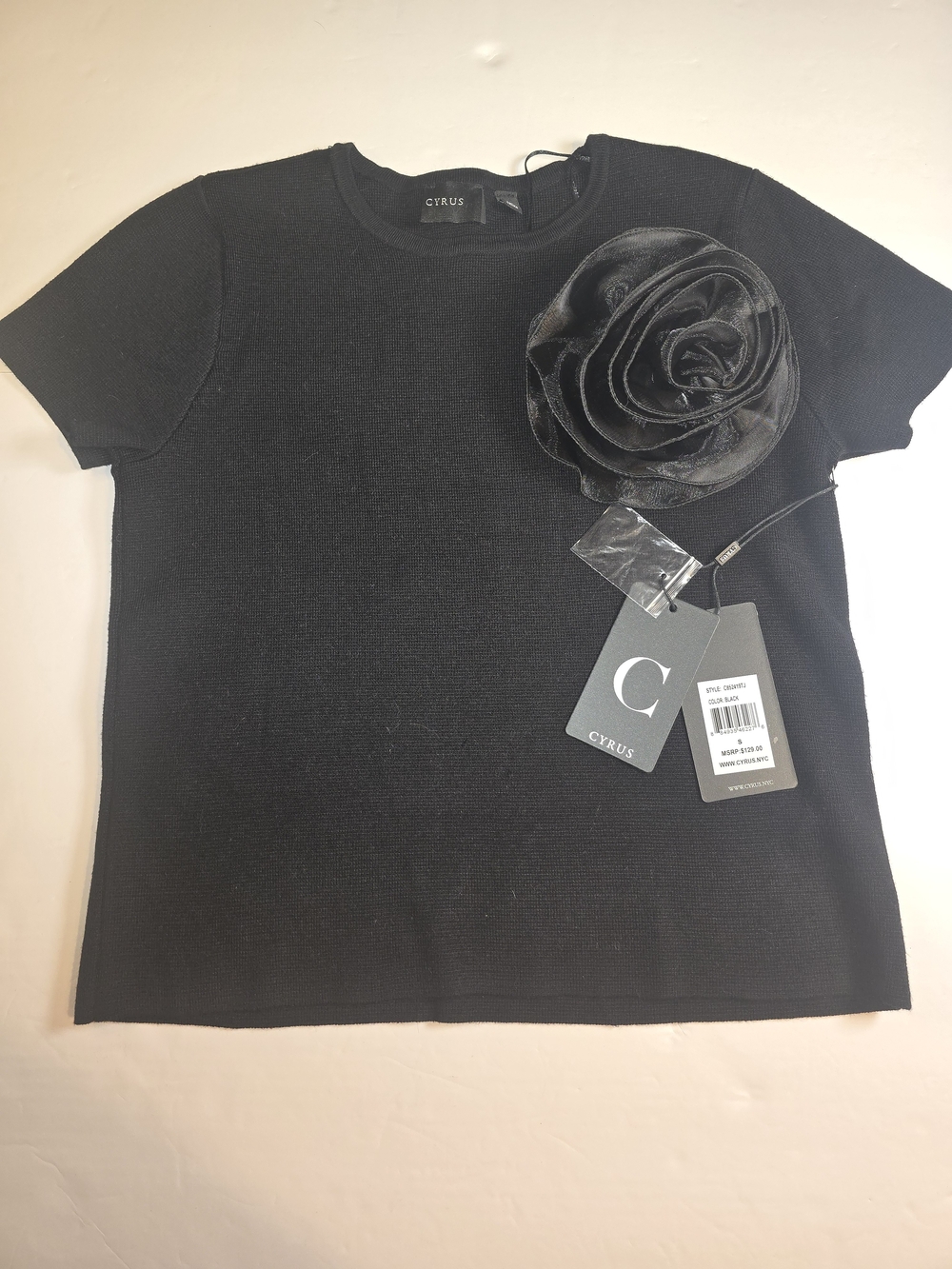 Cyrus Black Short Sleeve Top with Oversized Floral Applique